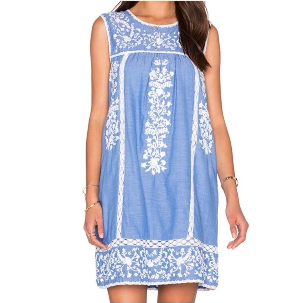 Joie Ashawa Chambray Floral Blue Porcelain Embroidered Shift Dress Large
